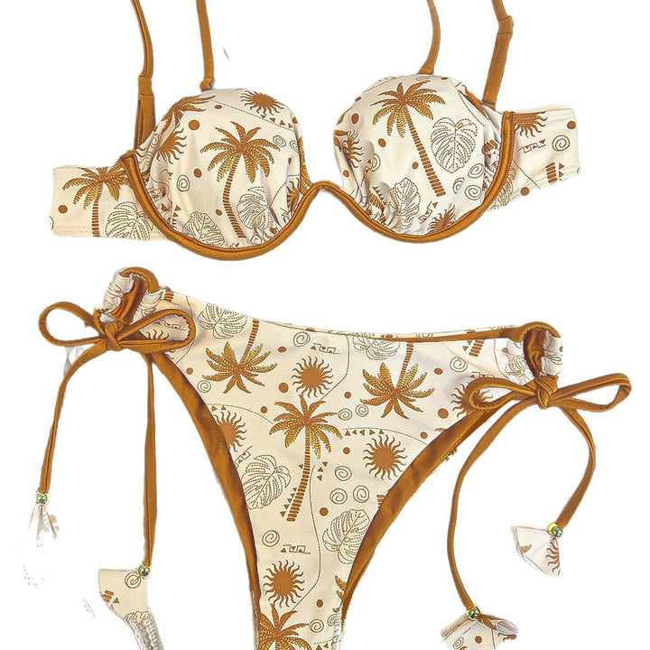 Damen Triangel-Bikini mit dekorativen Palmendruck und verstellbaren Bindebändern Drune