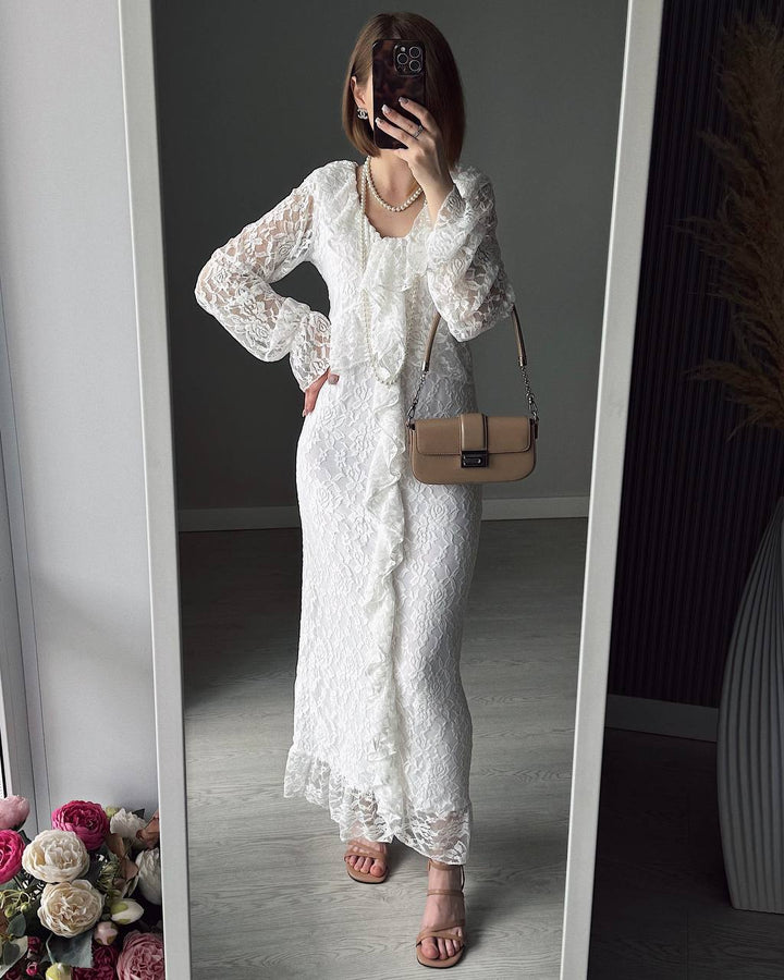 Damen Spitzen-Maxikleid mit Rüschendetails Drune