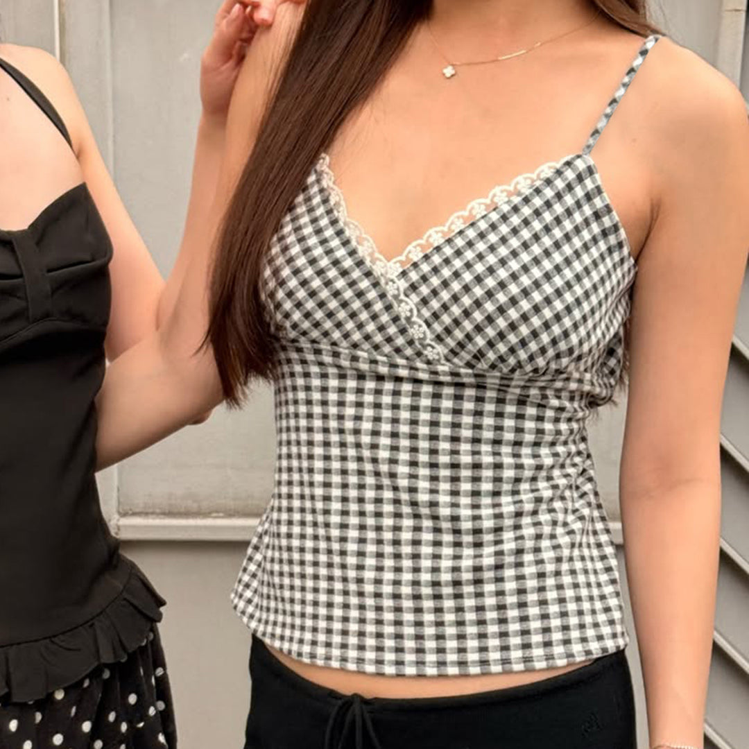 Damen V-Ausschnitt Vichy-Trägertop mit Spitzendetails Drune