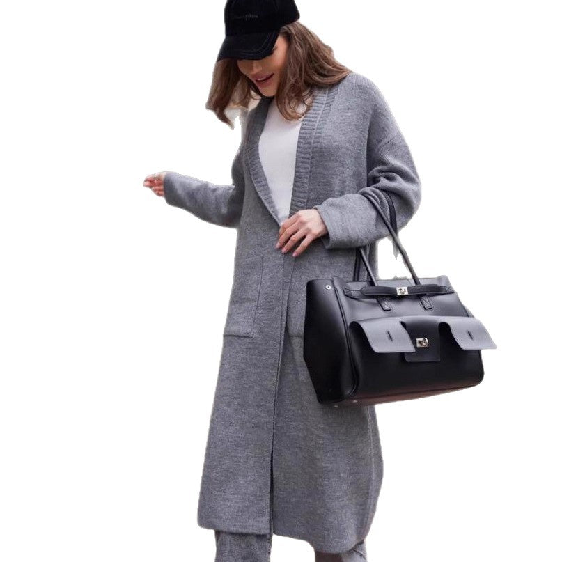 Damen Strickmantel mit tiefem V-Ausschnitt und großen Taschen Drune