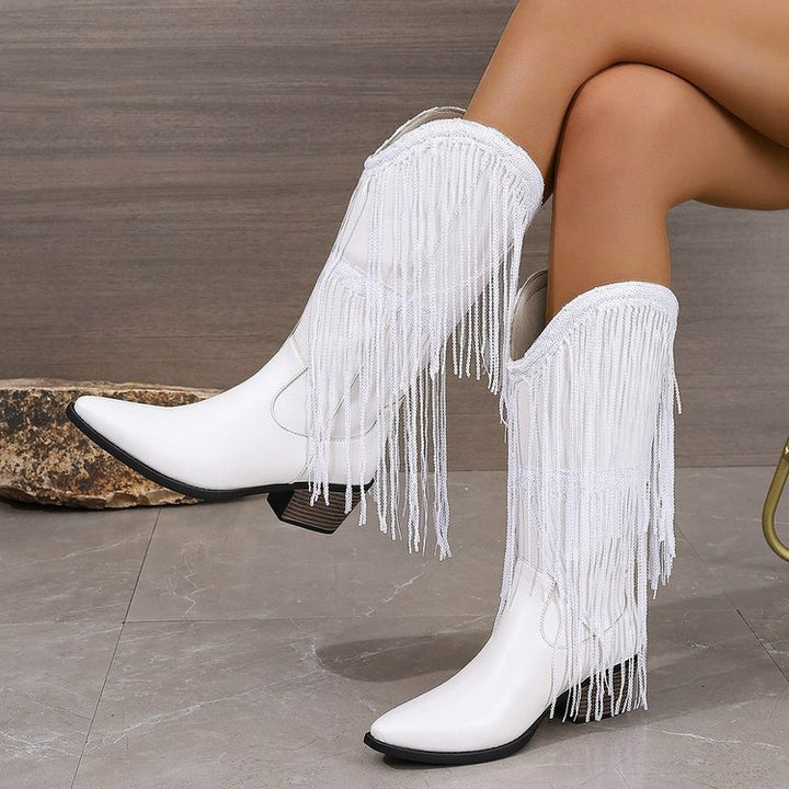 Damen kniehohe Fransen-Cowboystiefel mit feiner Perlenfransen-Verzierung und geformtem Blockabsatz Drune