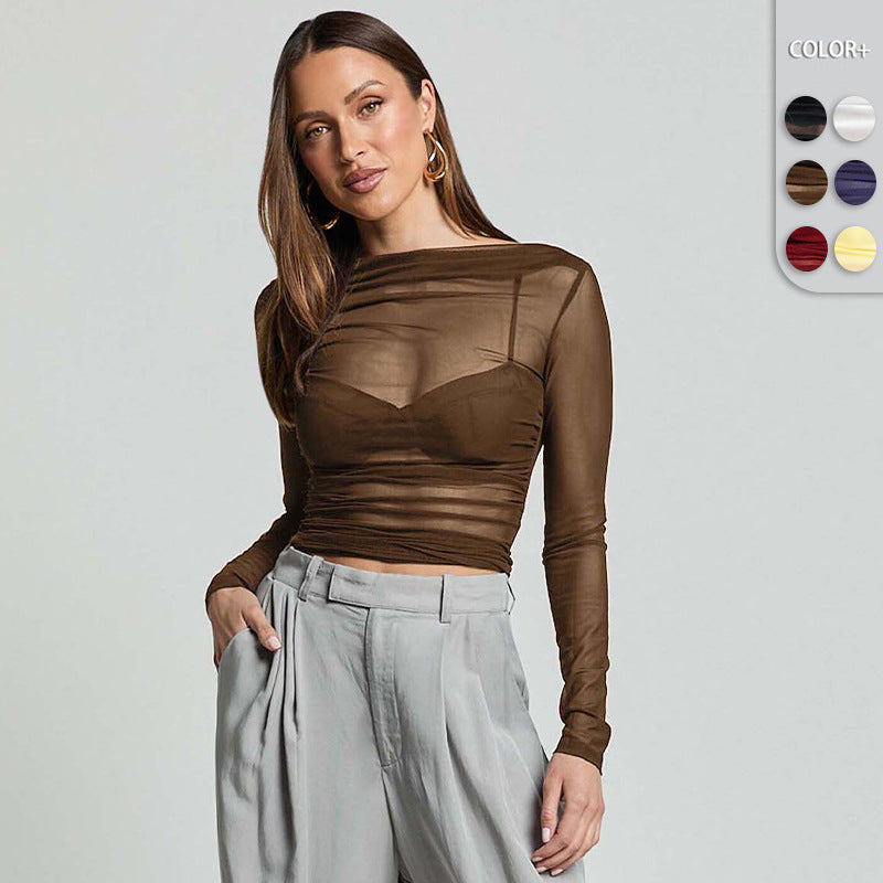 Damen Elegantes Langarmoberteil mit transparentem Mesh und Raffung Drune