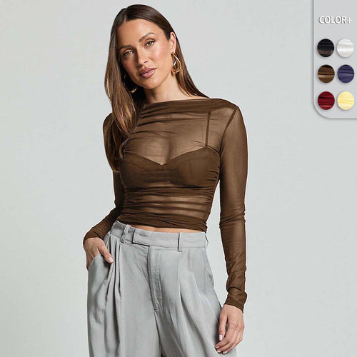 Damen Elegantes Langarmoberteil mit transparentem Mesh und Raffung Drune