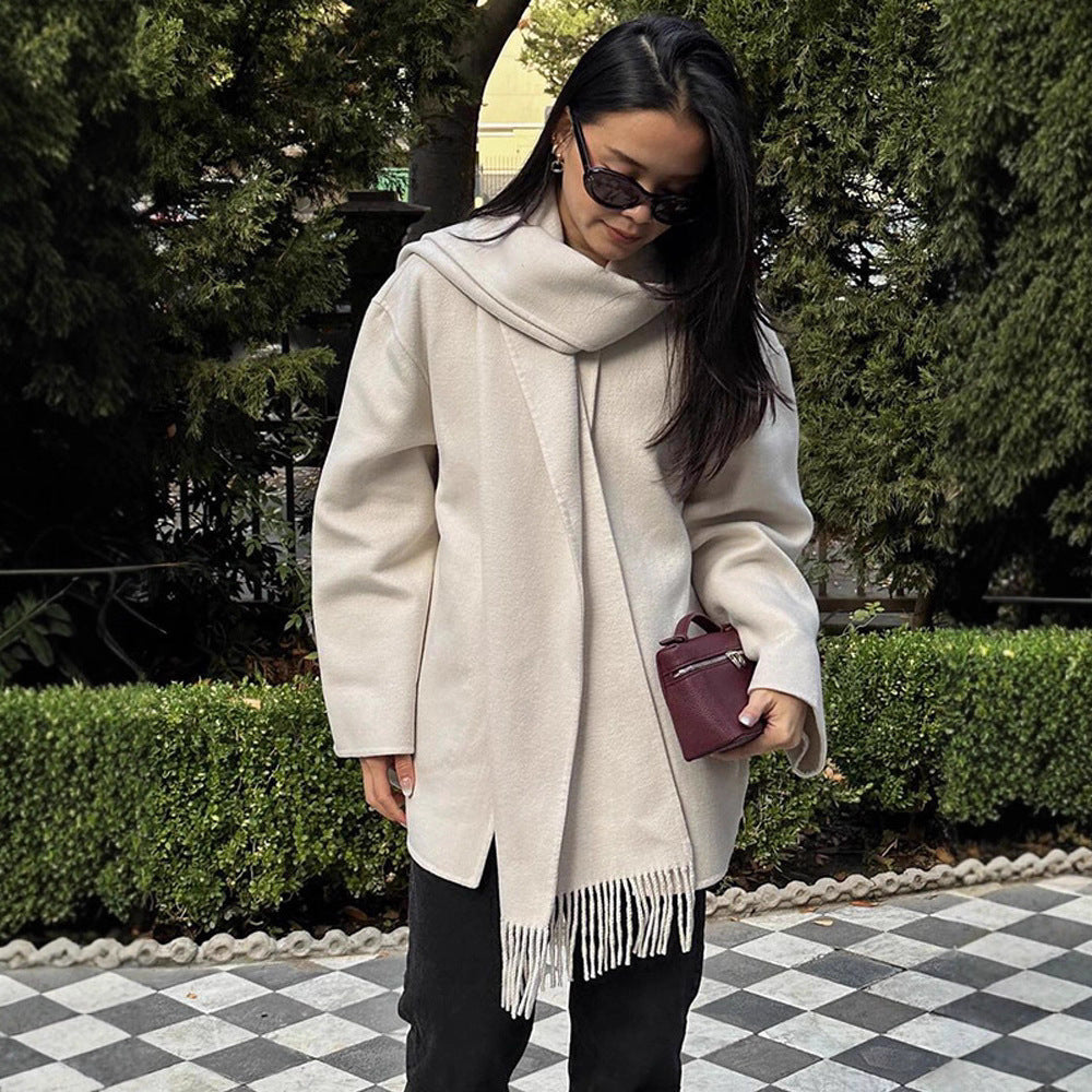 Damen oversized Wollmantel mit Fransendetails Drune