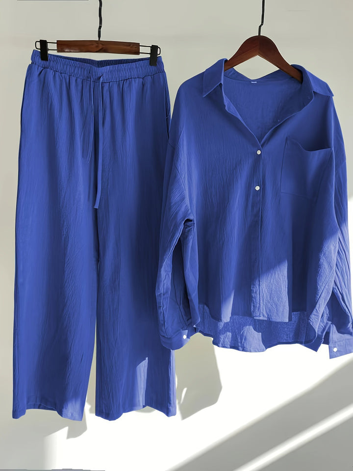 Damen lässiges Zweiteiliges Set aus locker sitzender Bluse und bequemen Hose Drune