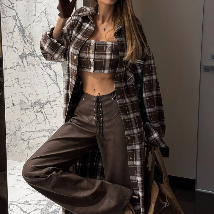 Damen Langes Karo-Hemdkleid mit abnehmbaren Ärmeln Drune