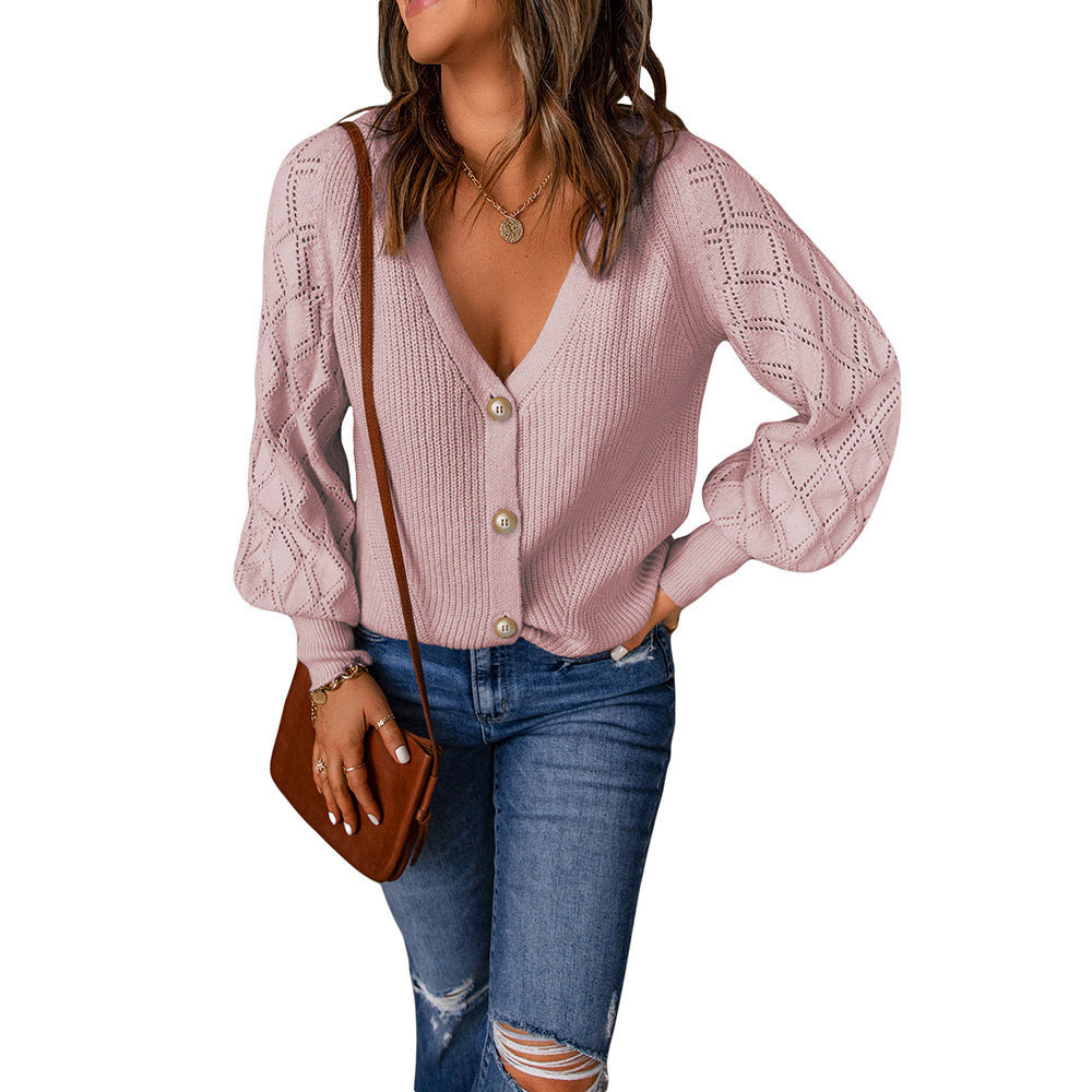 Damen Strickjacke mit V-Ausschnitt und Puffärmeln Drune