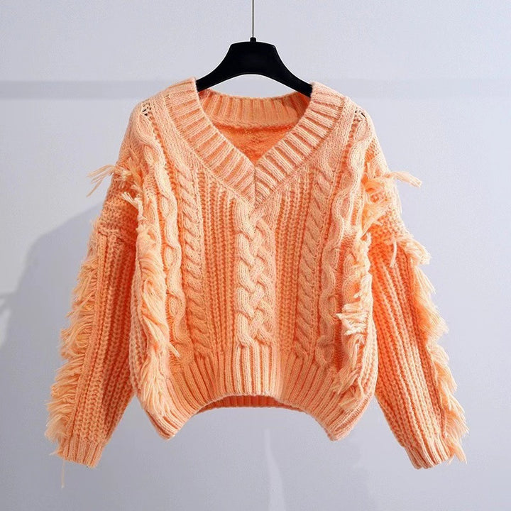 Damen Stylischer Strickpullover mit Fransen und Zopfmuster Drune