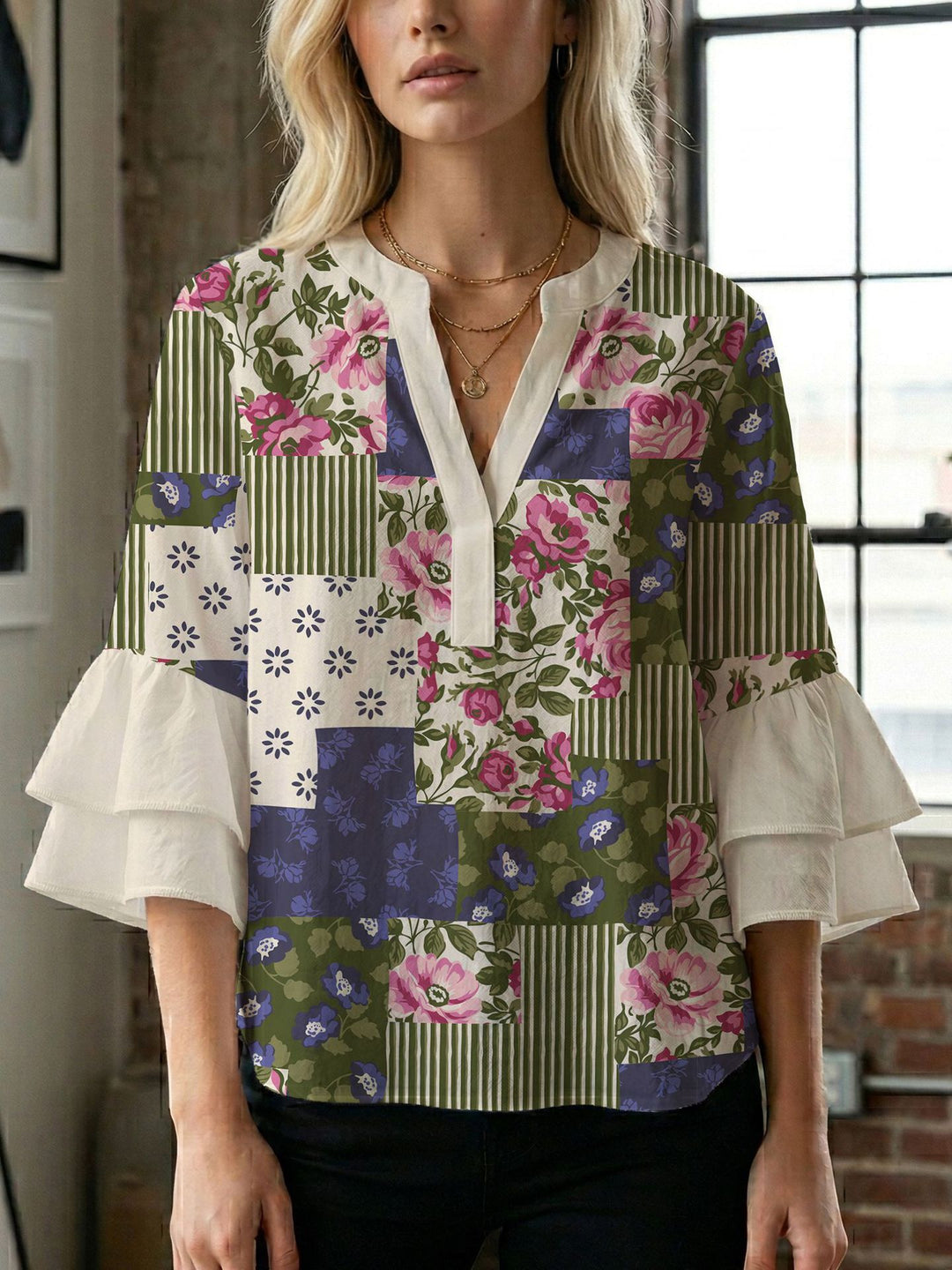 Damen Blusenshirt mit voluminösen Ärmeln und kreativem Druckdesign Drune