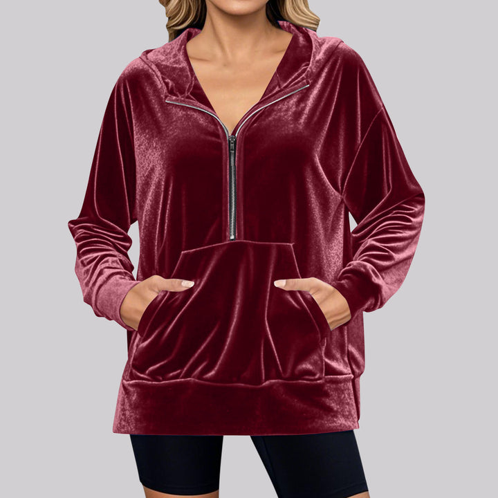 Damen Hochwertiger Kapuzenpullover aus Samt mit Reißverschluss Drune