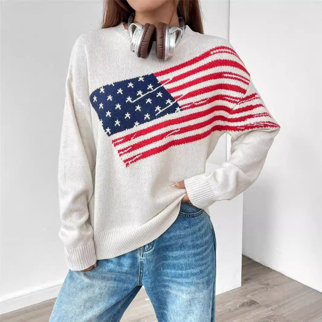 Damen Strickpullover mit Flaggenmuster und lässigem Schnitt Drune