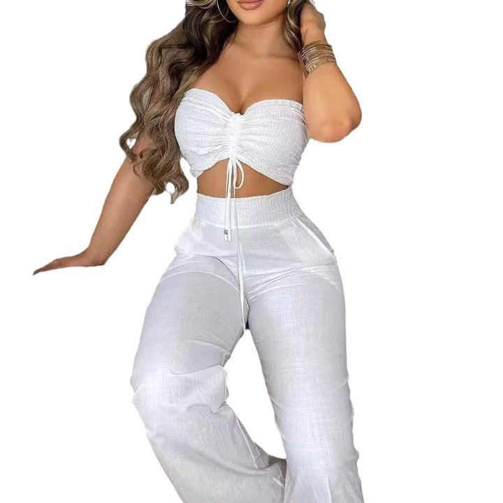 Damen Zweiteiliges Outfit aus leichtem Material mit verstellbarem Crop-Top und High-Waist-Hose Drune