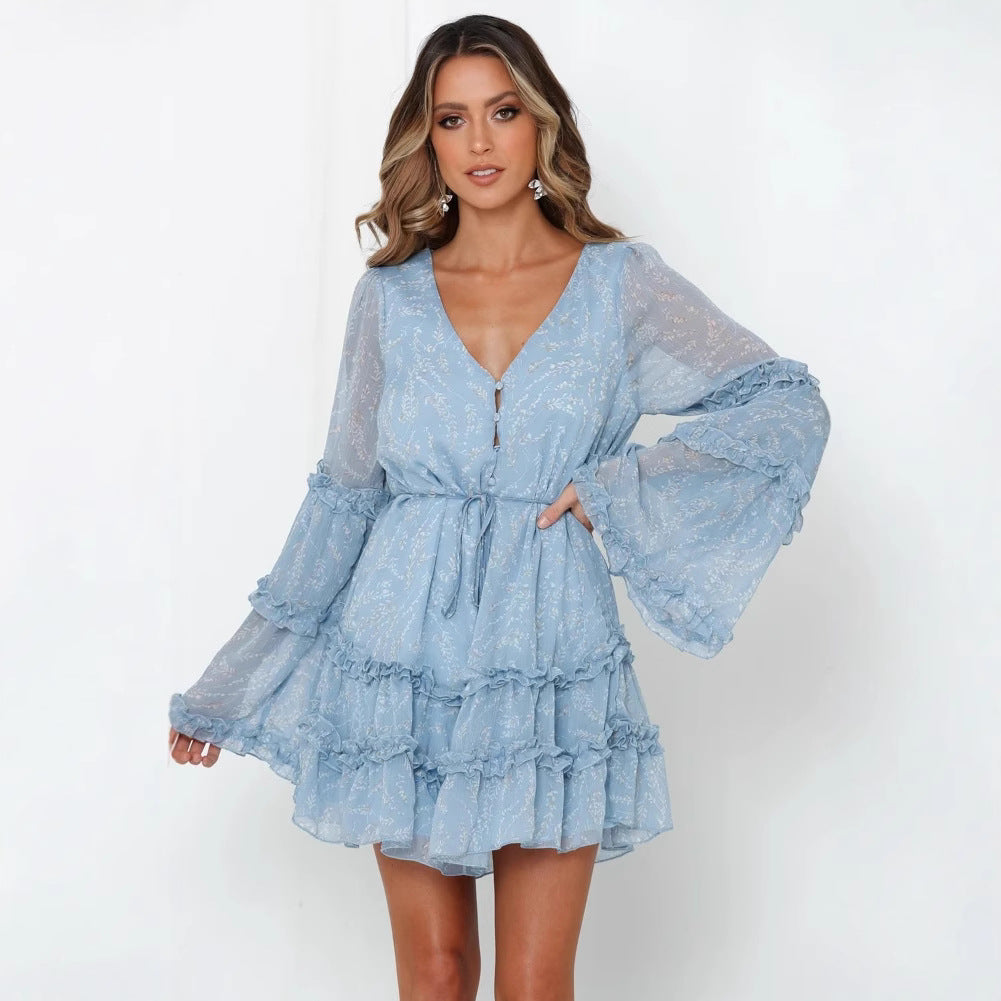 Damen Rüschenkleid mit langem, transparentem Ärmel und Bindegürtel Drune