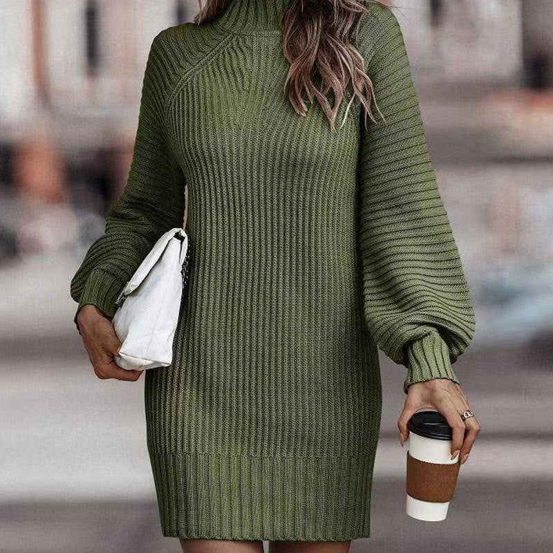 Damen Strickkleid mit hohem Kragen und voluminösen Ärmeln Drune