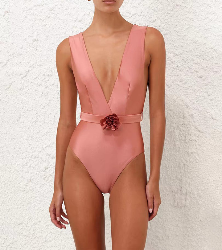 Damen Eleganter Badeanzug mit Blumenapplikation Drune