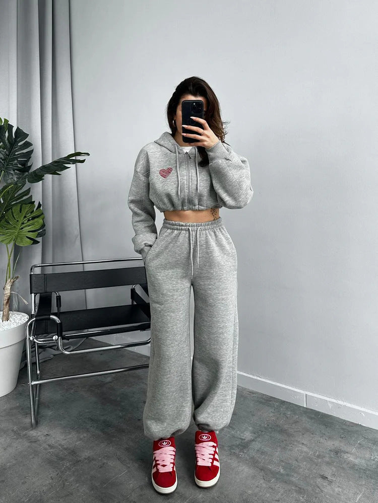 Damen Sportliches Crop-Set mit Kapuze und elastischer Taille Drune