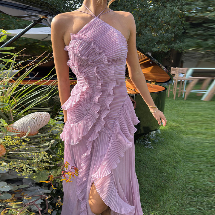 Damen Elegantes plissiertes Maxikleid mit asymmetrischem Design Drune