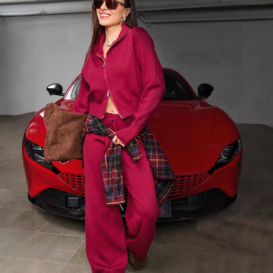 Damen lässiges Strick-Loungewear-Set mit Kapuze und elastischem Bund Drune