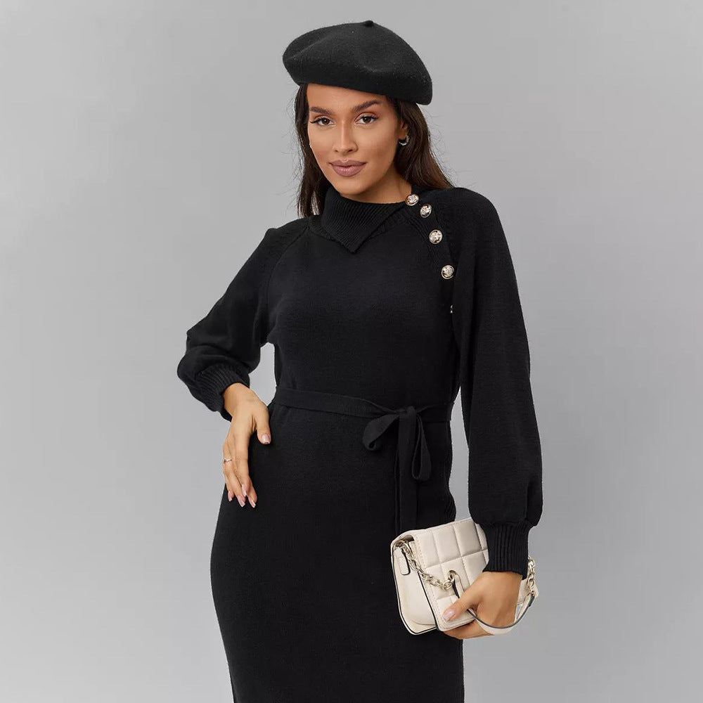 Damen Elegantes Strickkleid mit taillierendem Gürtel und modischen Knopfdetails Drune