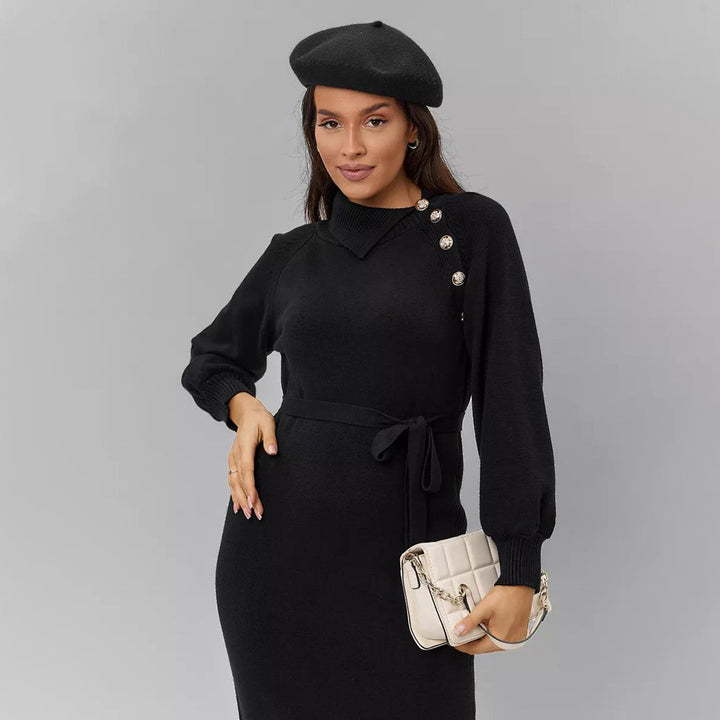 Damen Elegantes Strickkleid mit taillierendem Gürtel und modischen Knopfdetails Drune
