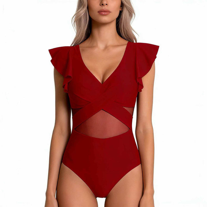 Damen Eleganter Badeanzug mit raffinierten Rüschendetails und transparenter Einsätzen Drune
