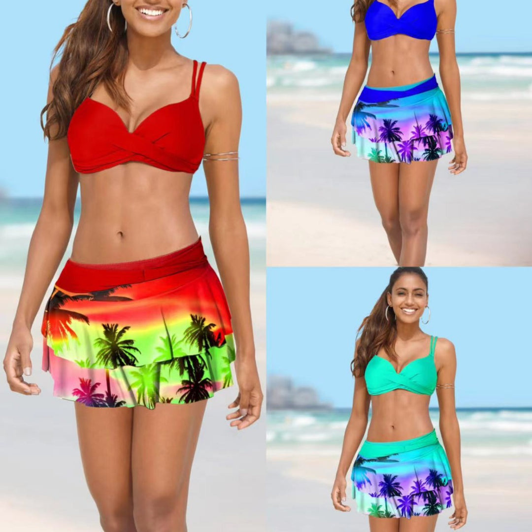 Damen Bikini mit Wickelrock und tropischem Design Drune