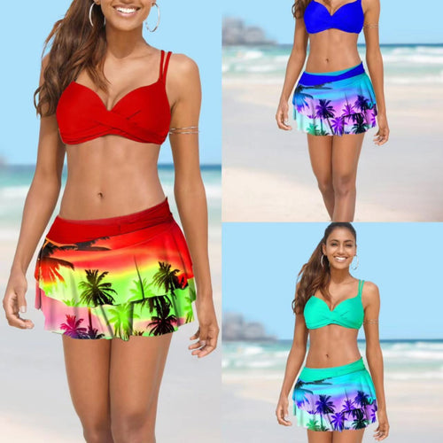 Damen Bikini mit Wickelrock und tropischem Design Drune