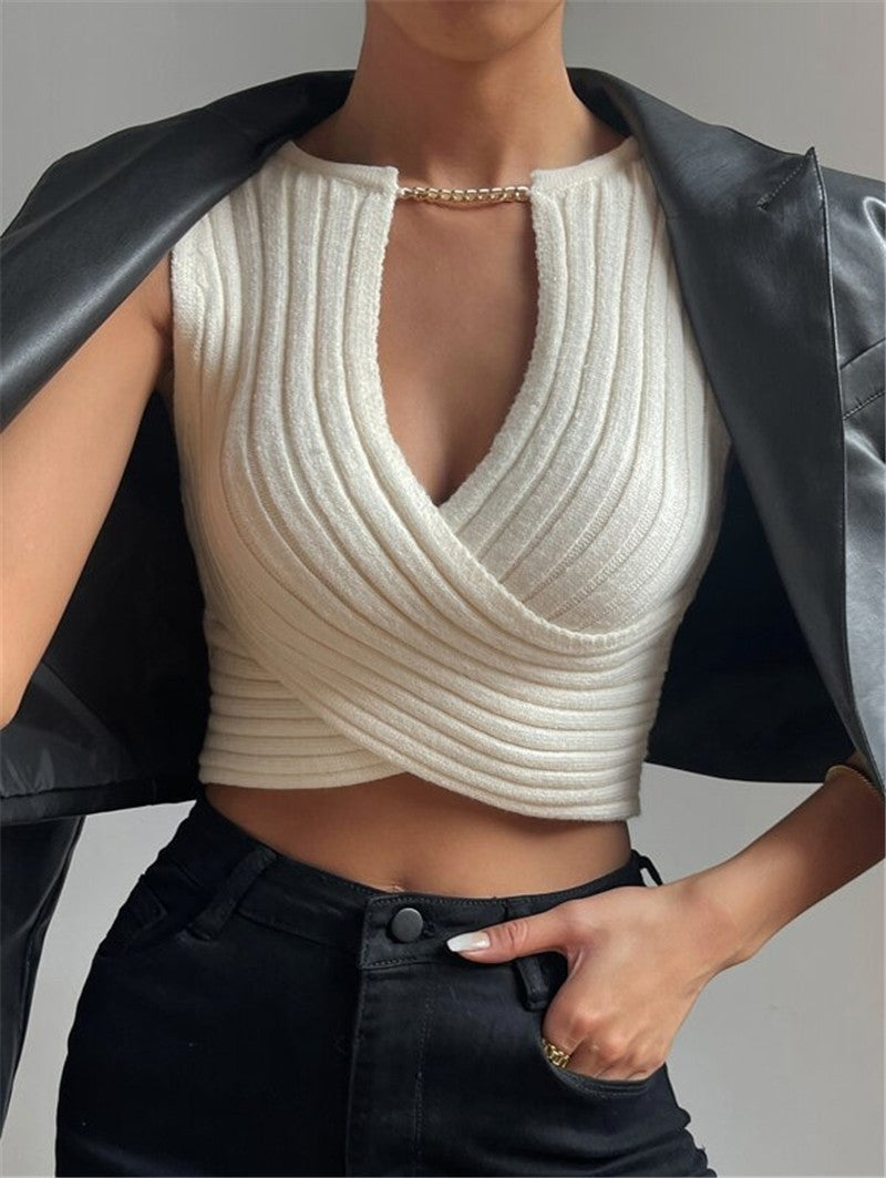 Damen Cropped Strickoberteil mit elegantem Wickel-Design Drune