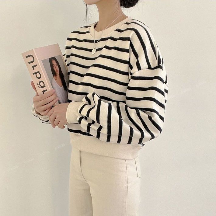 Damen lässiger Sweatshirt mit modernem Streifenmuster und Rundhalsausschnitt Drune