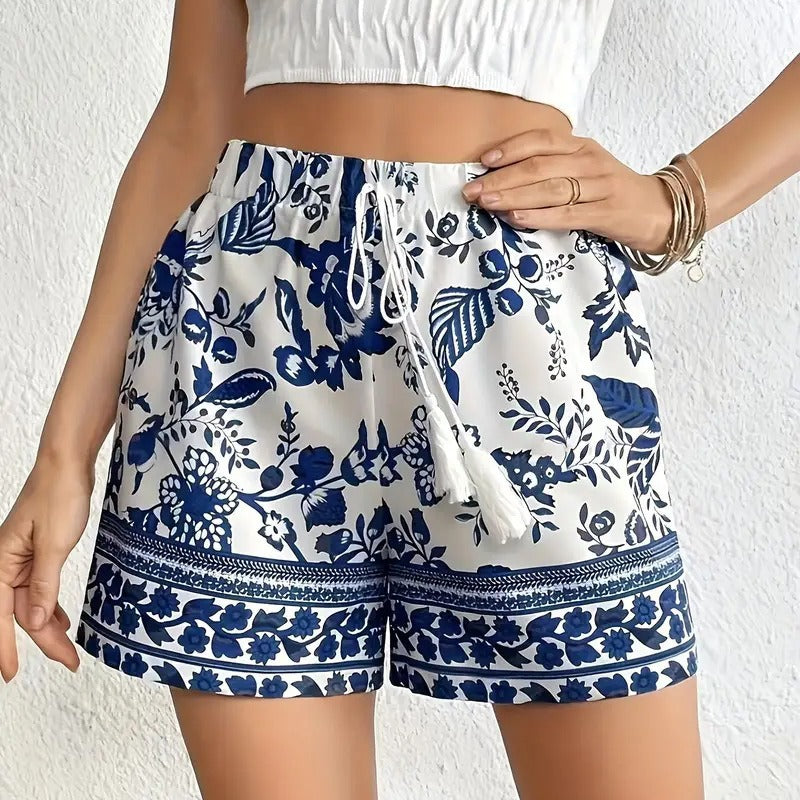Damen Freizeitshorts mit floralem Muster und elastischem Bund Drune