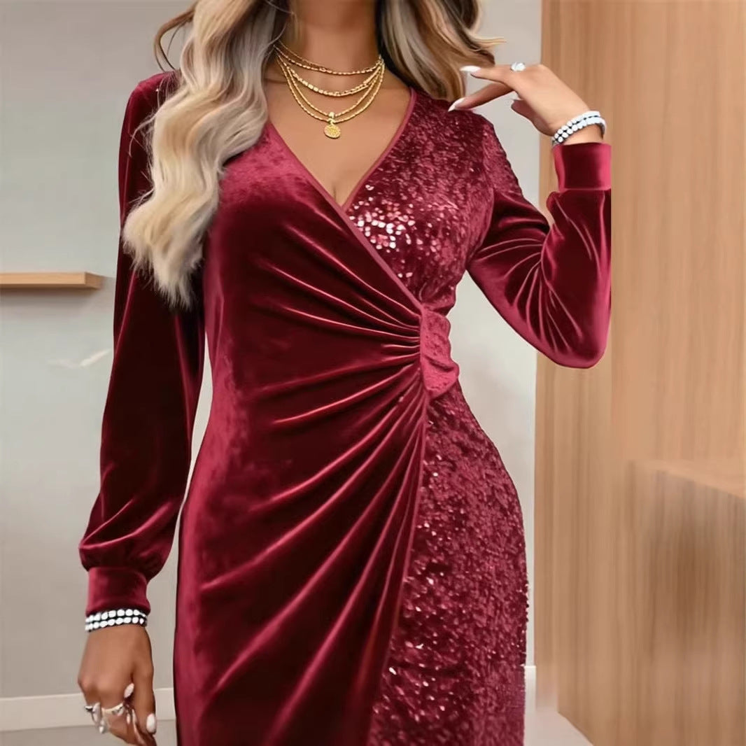 Damen Glamouröses Wickelkleid mit Pailletten und schimmernden Details Drune