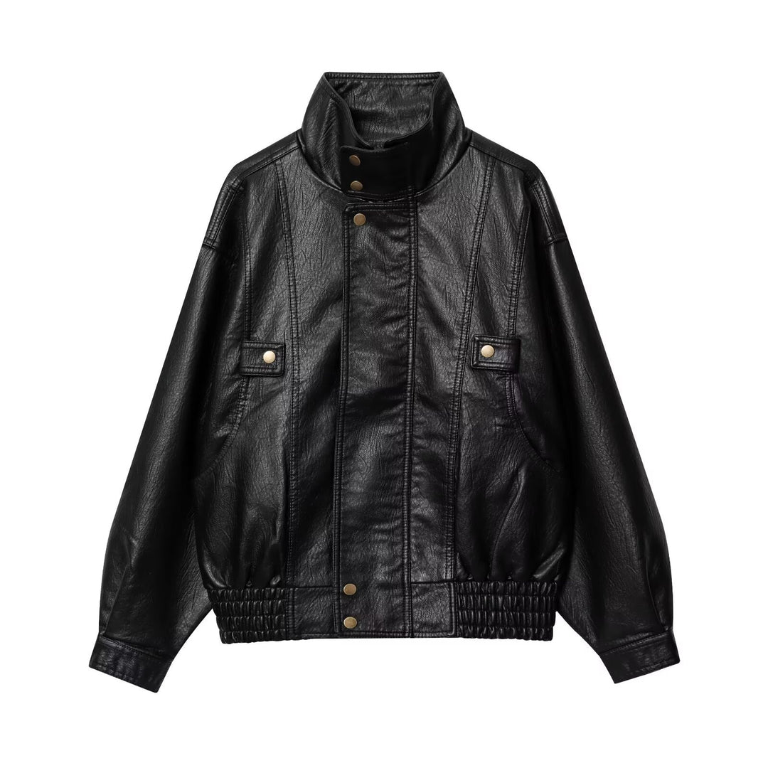 Damen modische Kunstlederjacke mit hohen Kragen und praktischen Knopfdetails Drune