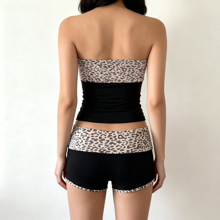 Damen Sportliches Crop-Top und Shorts-Set im modernen Leopardenmuster Drune
