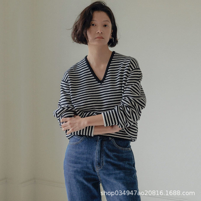 Damen Feinstrickpullover mit V-Ausschnitt und Streifenmustern Drune