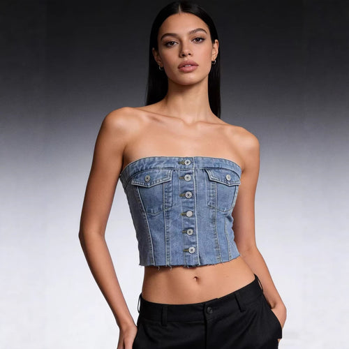 Damen Denim Bustier-Top mit Knopfdetail und Fransen Drune
