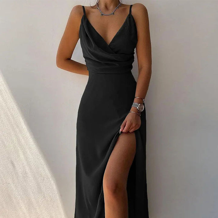Damen elegantes Abendkleid mit Wickeldesign und hohem Schlitz Drune