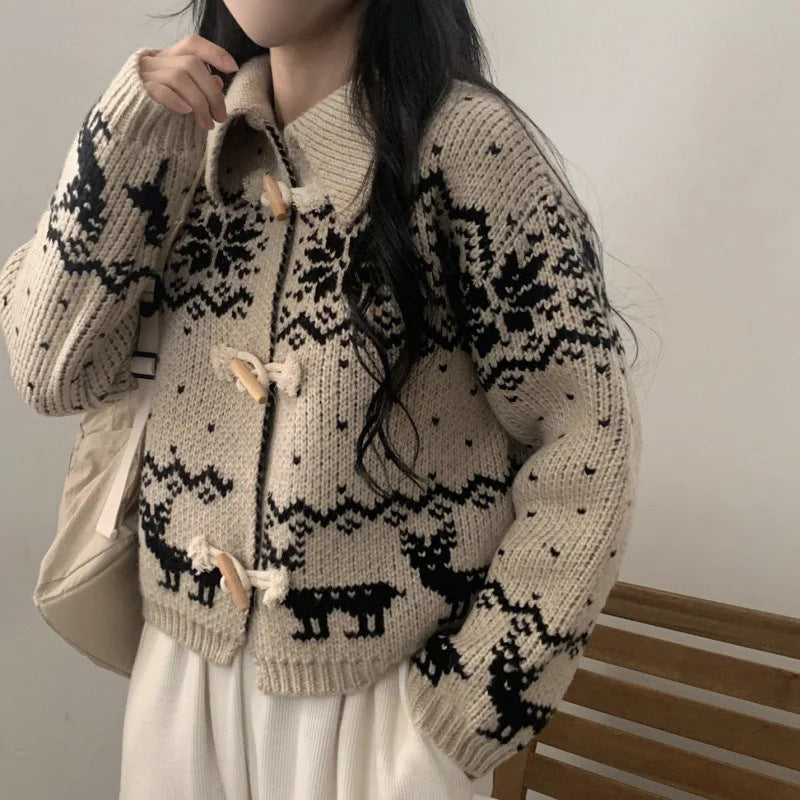 Damen Strickjacke mit kreativem Tiermotiv und hochwertigen Holzknöpfen Drune