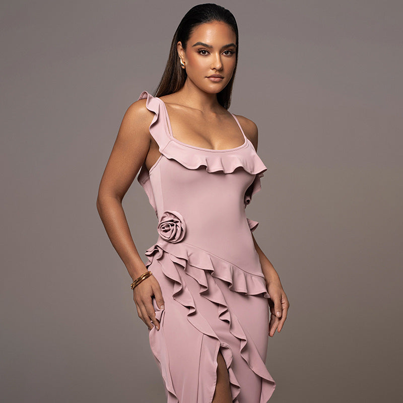 Damen Elegantes Rüschenskleid mit seitlichem Schlitz Drune