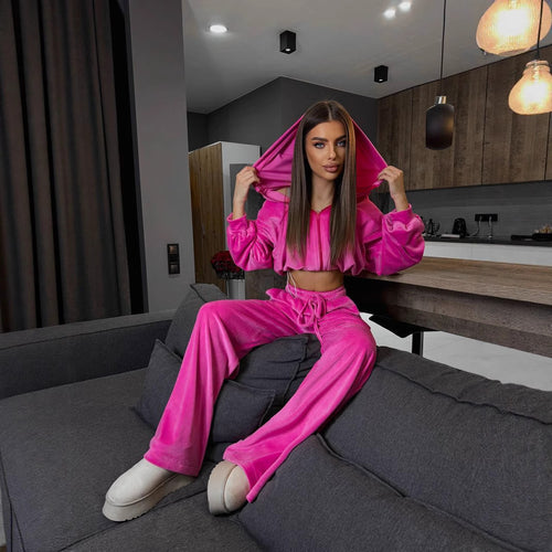 Damen Fleece-Cropped-Loungewear-Set mit weiten Hosen Drune