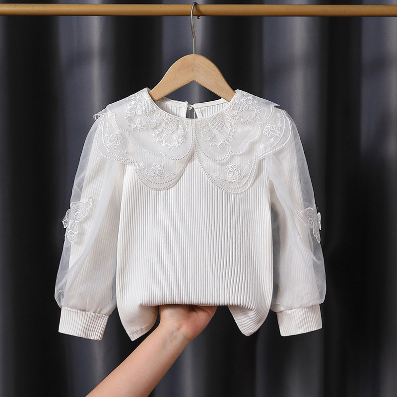Mädchen modische Bluse mit eleganten Tüllärmeln und kunstvoller Spitzenverzierung Drune
