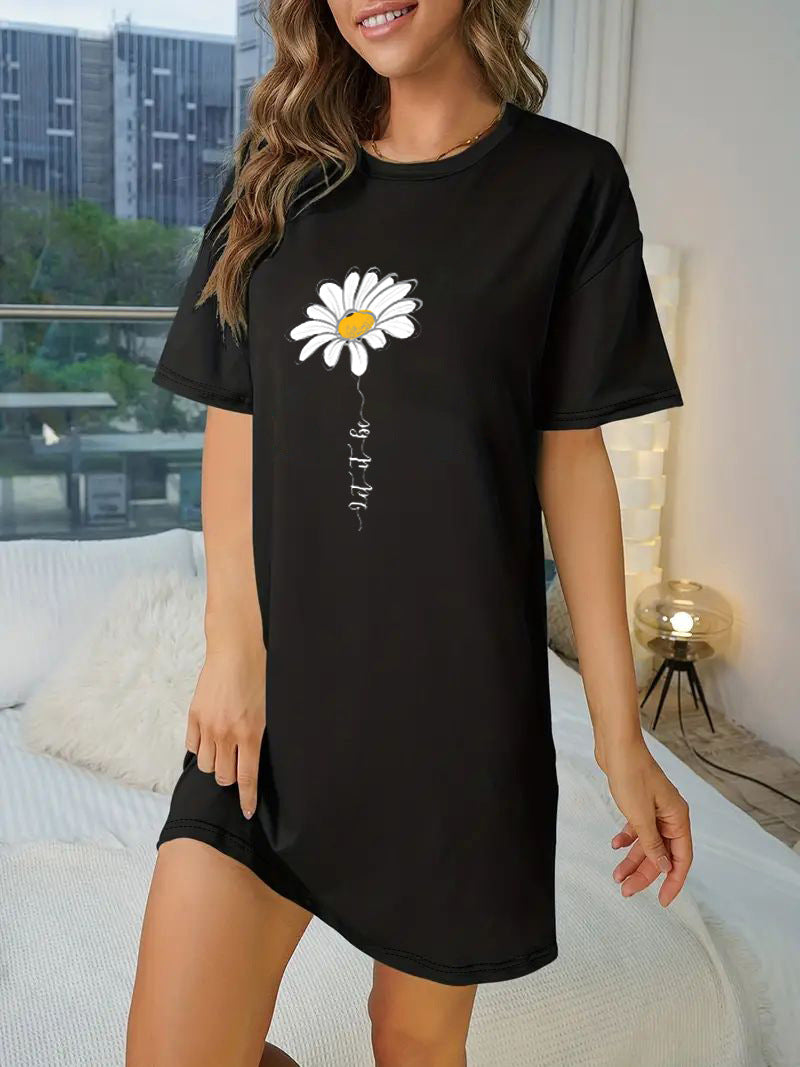 Damen T-Shirt-Kleid mit künstlerischem Blumenmotiv und figurbetontem Schnitt Drune