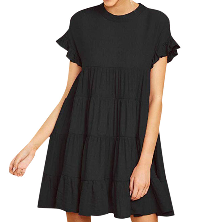 Damen luftiges Kurzarm Kleid mit Rüschendetails und fließendem Schnitt Drune