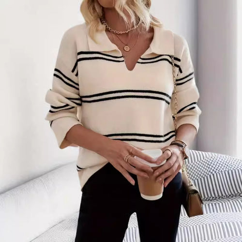 Damen Strickpullover mit V-Ausschnitt und Streifenmuster Drune