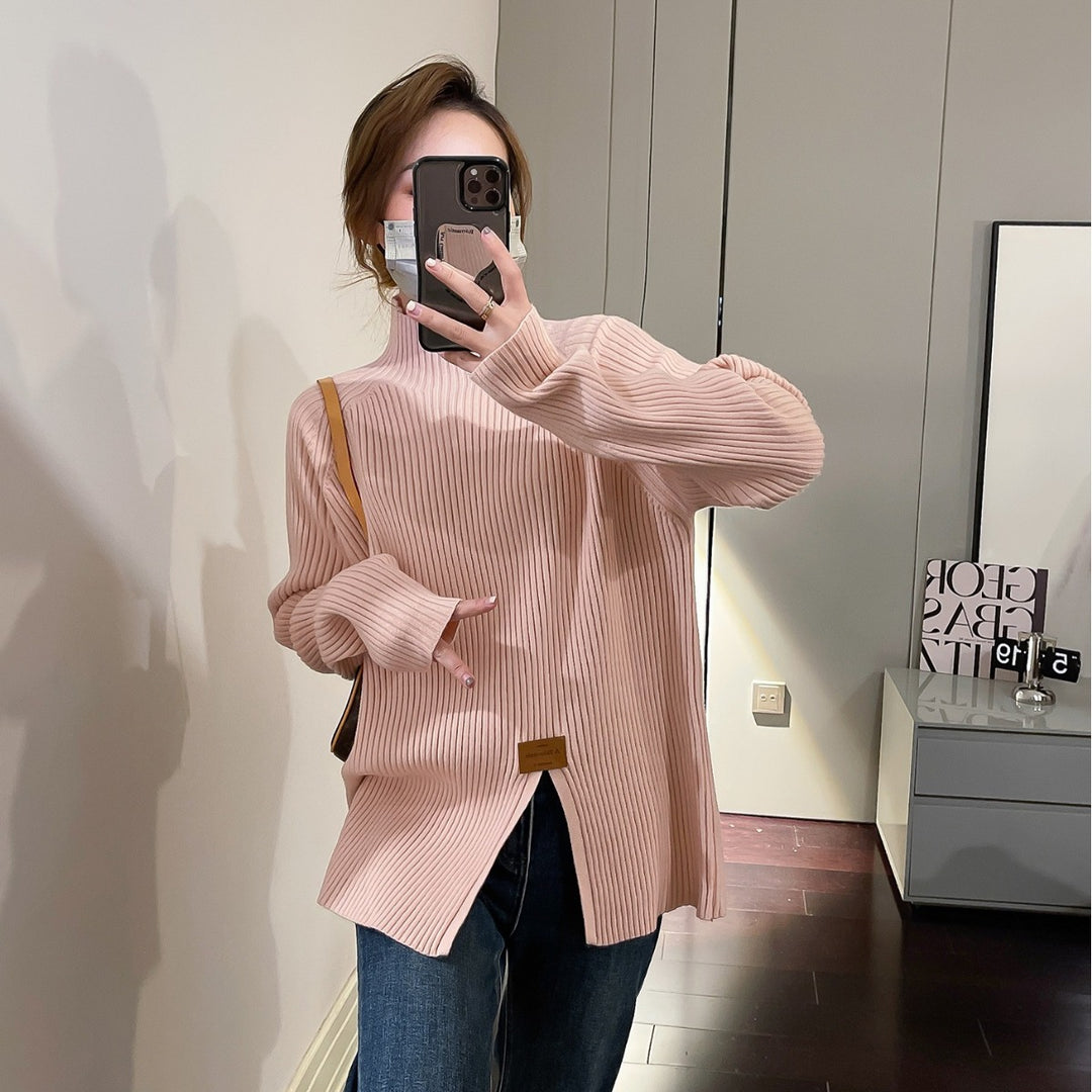 Damen Moderner Rippstrickpullover mit hohem Kragen und asymmetrischem Schnitt Drune