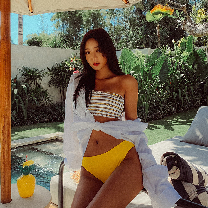 Damen Bandeau-Bikini-Set mit dekorativem Rüschendesign und hoch geschnittenem Unterteil Drune