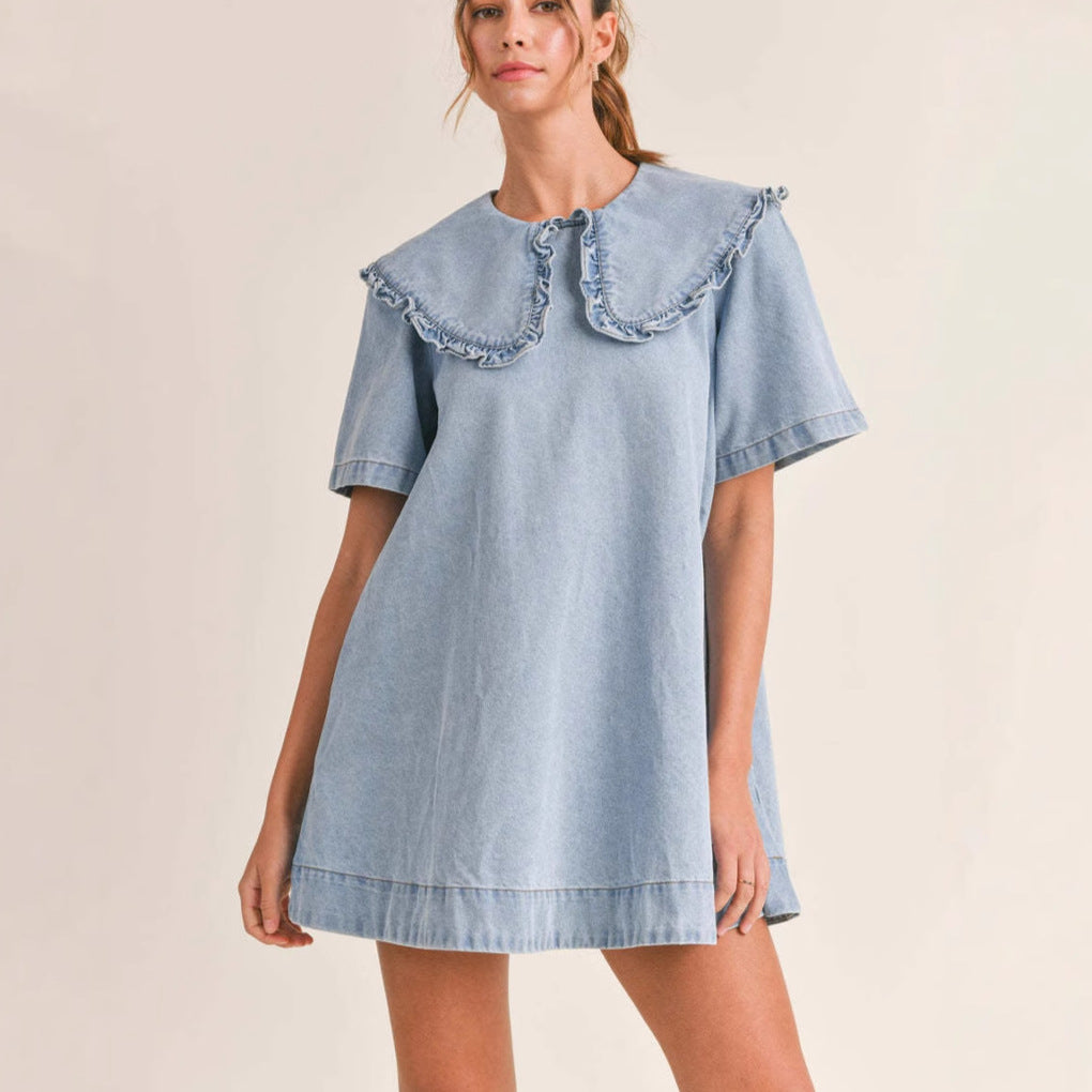 Damen Jeanskleid mit eleganter Rüschenkragenverarbeitung Drune