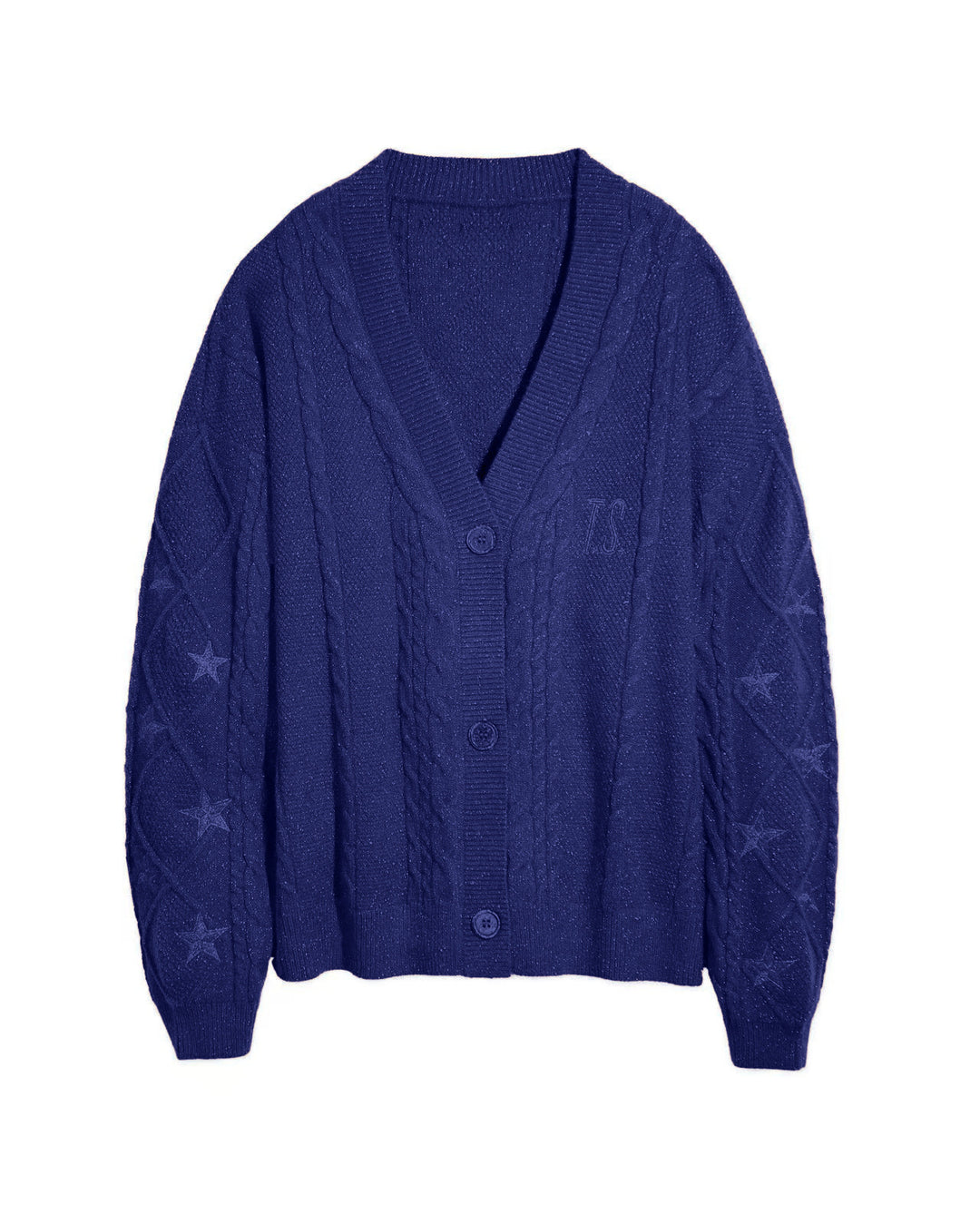 Damen nan großzügiger Grobstrick-Cardigan mit Zopfmuster, V-Ausschnitt und Sternstickereien Drune