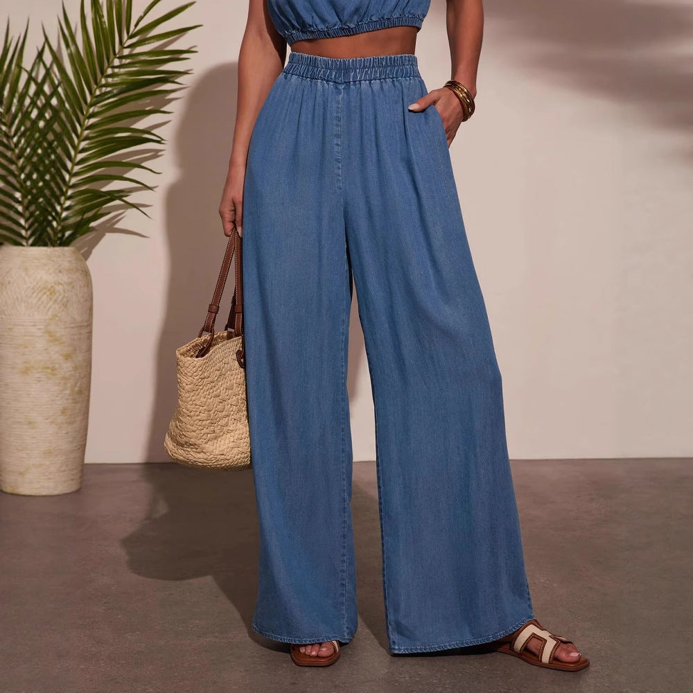 Damen lässiges Denim Set mit cropped Oberteil und weiten Hosen Drune