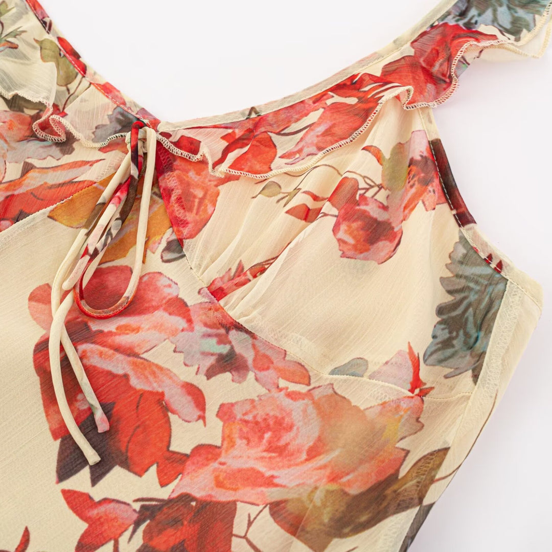 Damen Maxikleid mit zarten Rüschen und floralem Muster Drune