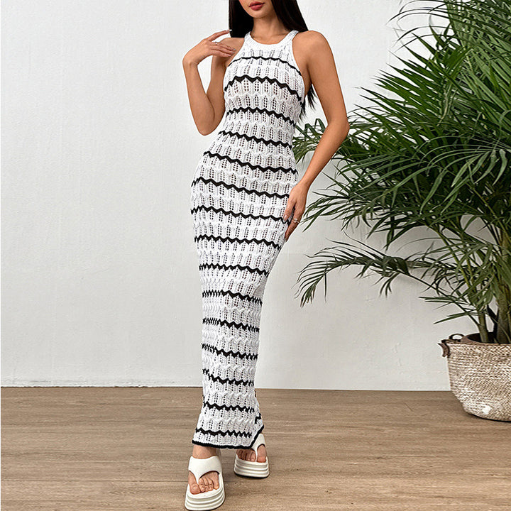 Damen Häkel Langkleid mit dekorativem Wellenmuster und figurbetonter Silhouette Drune